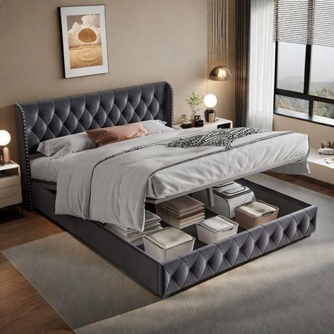 Doppelbett 140x200 cm, Bett mit Stauraum und Lattenrost, dekorativer Kopfteil mit Knopf, funktionales hydraulisches Bett aus Samt, Grau