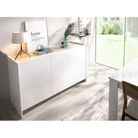 Dmora - Credenza Calino, Buffet da soggiorno, Madia moderna da salotto a 3 ante, 138x42h76 cm, Bianco e Rovere, con imballo rinforzato (1/5)