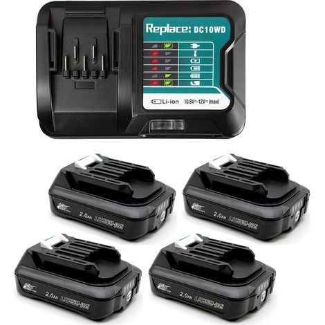 Powerwings – Pack de 4 batteries 2,0Ah 12V pour Makita – Compatible avec BL1021B BL1041B BL1020 BL1015 BL1016 – Chargeur DC10WD DC10SB DC10WC inclus (1/5)