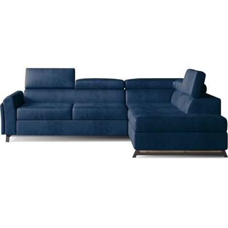 Canapé angle droit convertible velours bleu foncé avec têtières réglables Nikos 265cm (1/5)