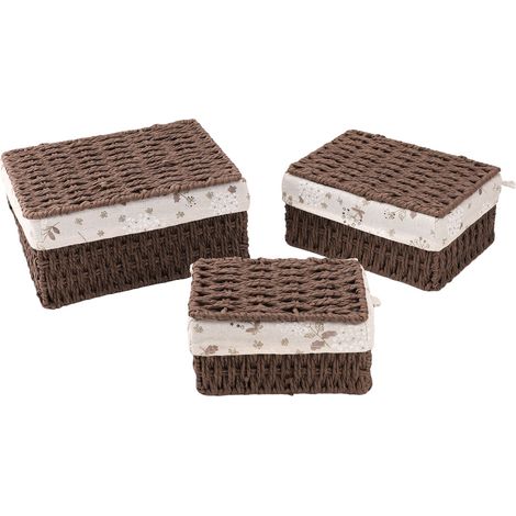Lot de 3 paniers de rangement tressés multifonctionnels avec doublure en tissu, couleur marron, pour chambre, salon ou table de chevet. (1/4)