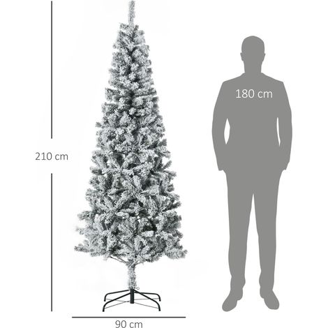 Sapin de Noël artificiel étroit de 210 cm de haut, avec des branches réalistes, recouvert de neige, avec un socle pliable, vert (1/5)
