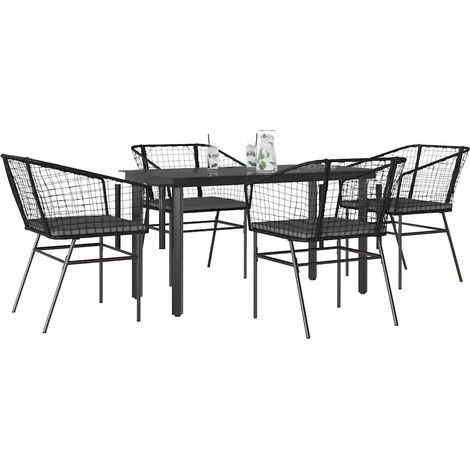 5-tlg. Garten-Essgruppe mit Kissen Schwarz Poly Rattan Glas