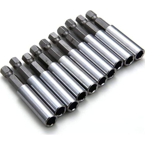 Lot de 10 porte-embouts magnétiques 60 mm hexagonal 6,35 mm – Acier au carbone – Pour perceuses électriques et tournevis pneumatiques