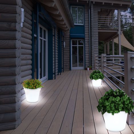 Etc-Shop – Pot de fleur solaire lumineux – Eclairage d'ambiance extérieur – 3 pots avec LED à piles – Blanc satiné – H 19,5 cm (1/5)