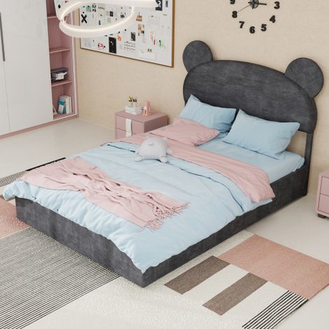 Lit coffre enfant 140x200 cm avec tête de lit dessin animé, sans matelas, sans fond, gris (1/5)