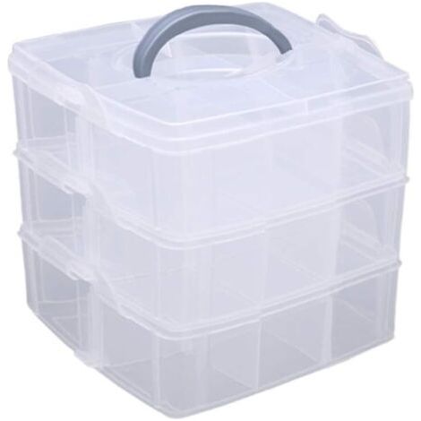 Boite de Rangement Transparente 3 Niveaux Superposables en Plastique,Boîte de Tri Avec Poignée,Maximum 18 Compartiments