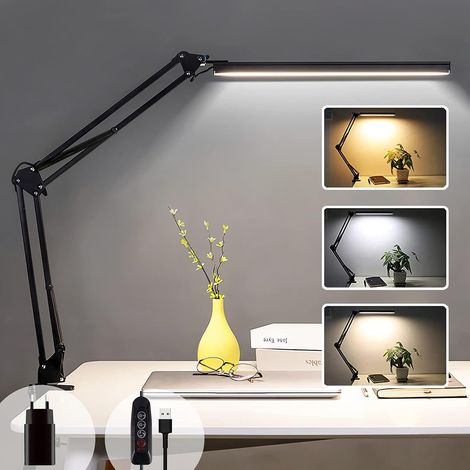 Lampe de bureau LED à pince, lampe de lecture architecte 14 W, 3 couleurs et 10 intensités variables, lampe de bureau USB avec protection oculaire, lampe de chevet pliable pour enfants, noire (1/5)