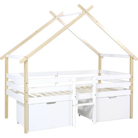 Kid's bed 90 x 190 cm pine wood slatted base included and 2 drawers, Sienna, White, 212x102x188.5 cm