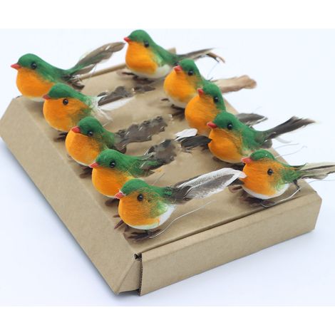 Set mit 10 rotkehlchenförmigen Weihnachtsbaumkugeln, sehr schöne künstliche Federn (1/5)