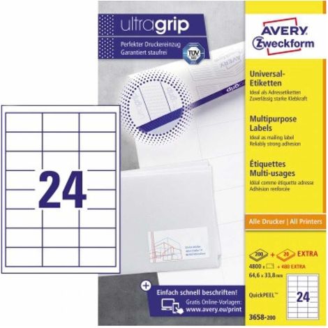Universaletikett ultragrip 64,6 x 33,8 mm (B x H) nicht wieder ablösbar Papier weiß 5.280 Etik./Pack. (1/5)