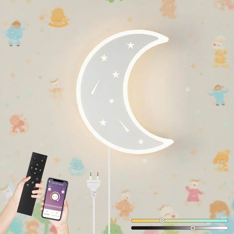 Applique Murale Interieur LED Dimmable avec Télécommande Lampe murale avec Prise Lampe de Chevet Lune Veilleuse Enfant pour Chambre de Bébé Fille ou Garçon, 3000K-6000K, Blanc (1/5)