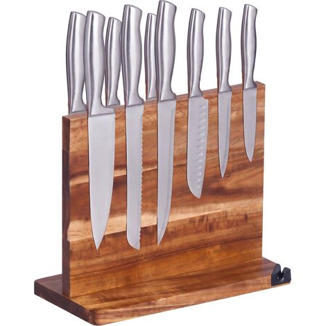 Relaxdays Magnetic Knife Block, double-sided, acacia, with knife sharpener, HxWxD: 25.5 x 31 x 15 cm, brown (1/5)