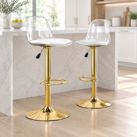2 höhenverstellbare Barhocker mit transparentem Rückenlehne und goldenem Fuß (1/5)