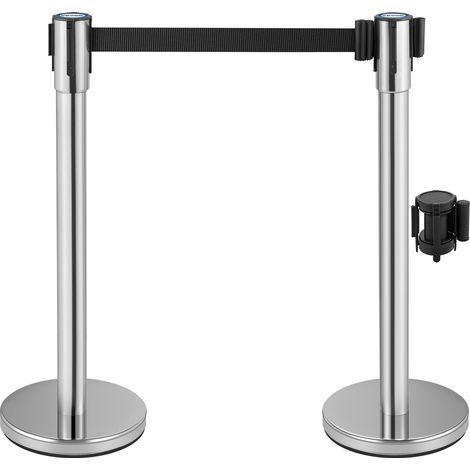 VEVOR Postes Separadores 2 piezas 90 cm Platas Poste Separador con Cinta Extensible de 2 m Negra Conexión de 4 Vías Diámetro de Base 32 cm Postes de Barrera de Control de Multitudes Retráctiles