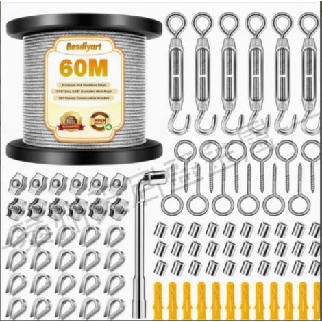 Kit de câble métallique 2 mm en acier inoxydable 304 revêtu de PVC avec tendeur de câble, collier de serrage, câble en acier gainé pour clôture, fil de rideau, jardin (M4/60 m)