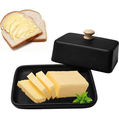 Beurrier en céramique avec couvercle - 250 g - Beurrier hermétique - Passe au lave-vaisselle - Pour réfrigérateur et cuisine - Noir (1/5)