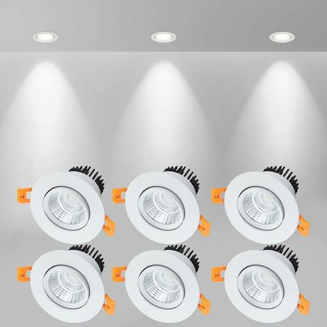 6 x LED-Einbaustrahler, 5 W COB-Deckeneinbauleuchten, Kaltweiß 6000 K, 500 lm, 220–240 V Wechselstrom, Ra ≥ 90, 24° Abstrahlwinkel, IP44, für Badezimmer, Küche, Wohnzimmer, Flur (Weiß) [Energieklasse 