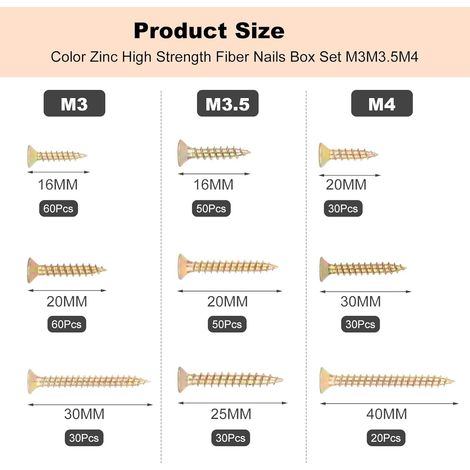 Assortiment de 360 vis à bois autotaraudeuses M3/M3.5/M4 à tête fraisée, avec boîte de rangement. (1/4)