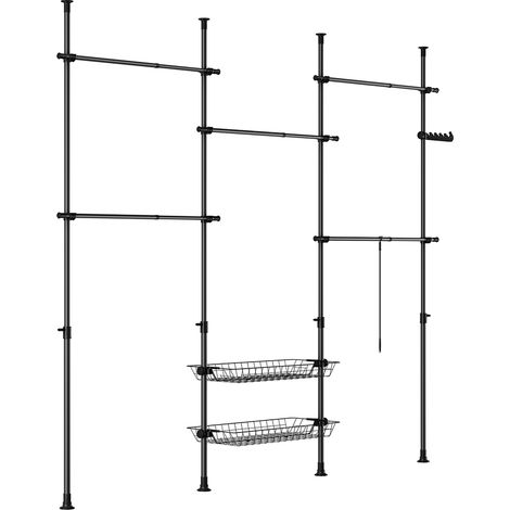 SoBuy KLS04-II-SCH Telescopic Appendiabiti da Terra, Robusto Stand Appendiabiti con Aste e Ripiani, Armadio Aperto Regolabile per Camera da Letto, Porta Abiti Nero