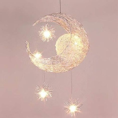 Suspension industrielle Lune étoiles LED pour chambre d\'enfant - Lustre en aluminium avec 5 ampoules (1/4)