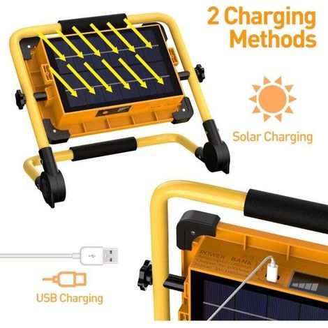 Projecteur Chantier LED Rechargeable Solaire 100W, 120 LED Lampe de Travail, 12000mAH Batterie Étanche USB Banque d'alimentation pour Réparation de Voiture, Garage, Camping (1/3)