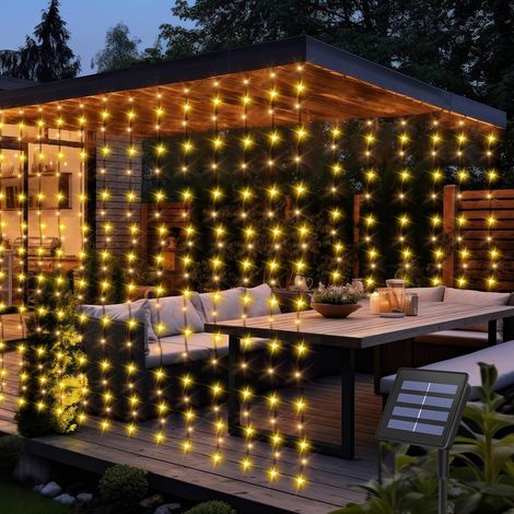 Rideaux lumineux à énergie solaire, 2 x 2 m, 200 LED, 8 modes, étanche, fil vert, guirlande lumineuse pour terrasse, mariage, maison, jardin, décoration de fenêtre – Blanc chaud (1/5)