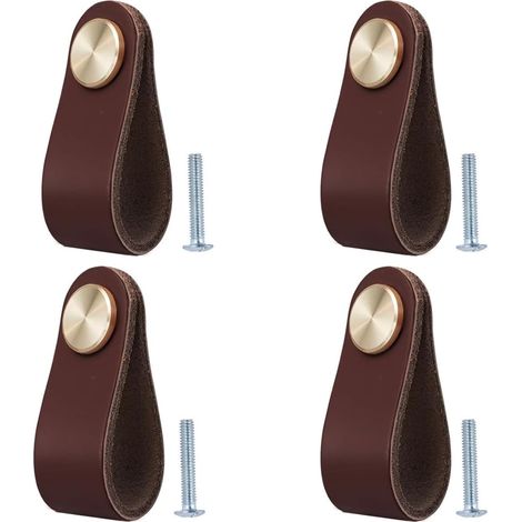 Lot de 4 poignées en cuir vintage pour meubles, portes et tiroirs. (1/5)