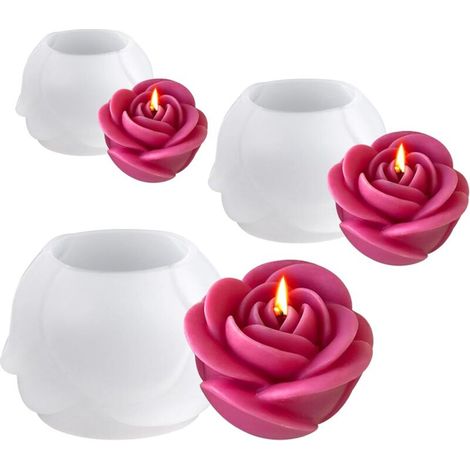 3 Pièces Moule Bougie Silicone Fleur, 3D Moule Silicone Bougie Fleurs, Facile à Démouler, Rose Mold pour la Fabrication De Bougies Parfumées Artisanales, Savons, Plâtre, DIY Résine,Chocolat,Fondant (1/5)