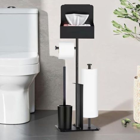 Porte-papier toilette sur pied avec brosse intégrée - Ensemble en acier inoxydable noir comprenant un porte-papier toilette et une brosse, installation sans perçage, brosse et porte-rouleau de papier (1/4)