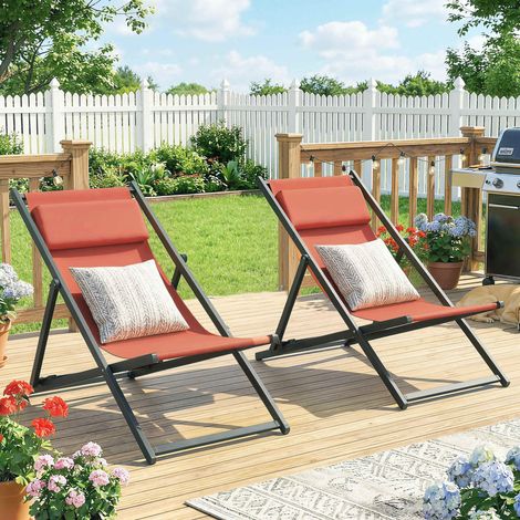Lot de 2 bain de soleil. chaise longue pliante avec appuie-tête en textilène inclinable 60 x 100 x 85 cm. rouge brique