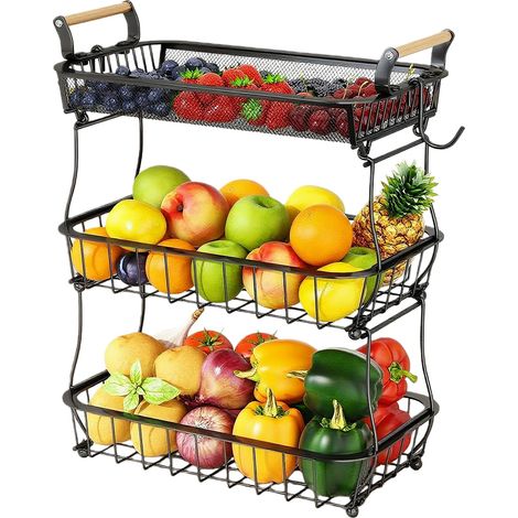 Corbeille à Fruits à 3 Étages, Panier de Rangement Métallique Multifonction pour Cuisine/Salon (1/4)