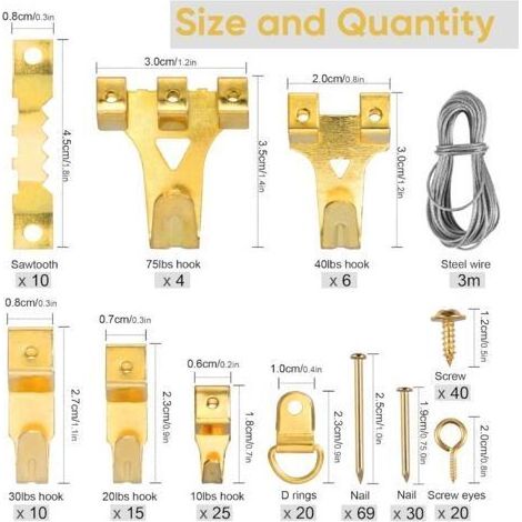 Ganci per cornici, set da 250 pezzi per appendere quadri con viti, chiodi, anelli a D e occhielli a vite, ganci a dente di sega, cavo in acciaio, ganci per cornici (1/5)