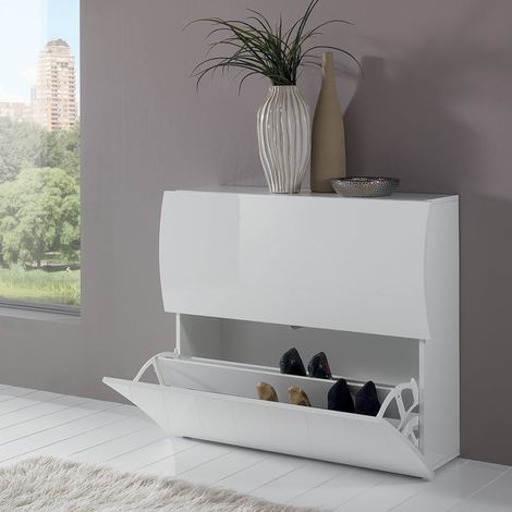 Schuhschrank 2 Türen für 16 Paar, glänzend weißes Design Onda S (1/5)