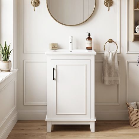 URBAN MEUBLE Mobile lavabo in MDF ceramico bianco, senza rubinetto, 51x34x83 cm (1/5)