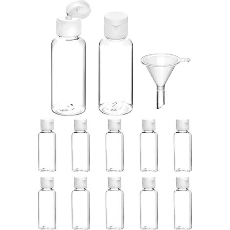 ® Lot de 12 flacons de voyage de 50 ml, mini bouteille plastique, transparents, avec petit entonnoir pour shampooing, gel douche, lotion, démaquillant (1/5)