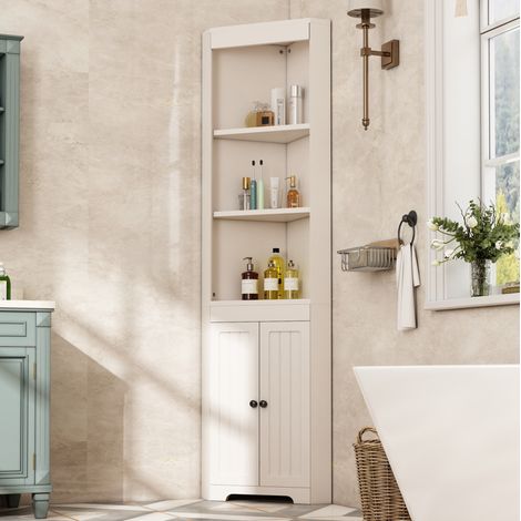 Meuble de salle de bain d’angle moderne en MDF blanc, 2 portes, 3 étagères ouvertes, tablette réglable, 49,5 x 35 x 170 cm (1/5)
