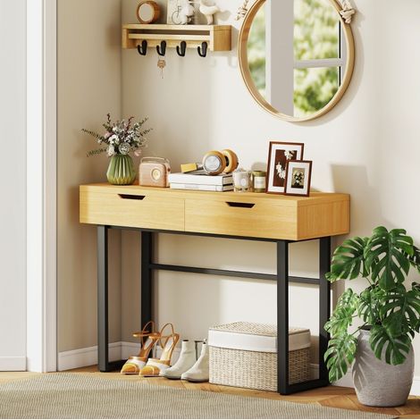 Table console 110x35x76,5 cm en bois et métal naturel, avec rangement pour entrée FloraGrace (1/5)