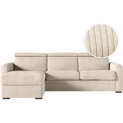 Canapé CAROLE d'angle convertible 4 places couchage quotidien 140x190cm en velours côtelé - Beige
