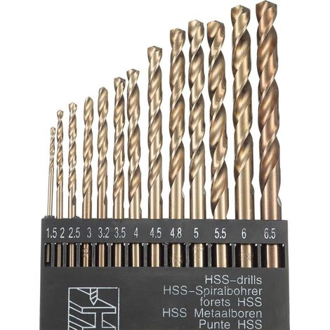 Lot de 13 forets hélicoïdaux HSS M35 cobalt – Tailles 1,5 mm à 6,5 mm – Pour acier inoxydable et métal – Pointe fendue 135° (1/5)