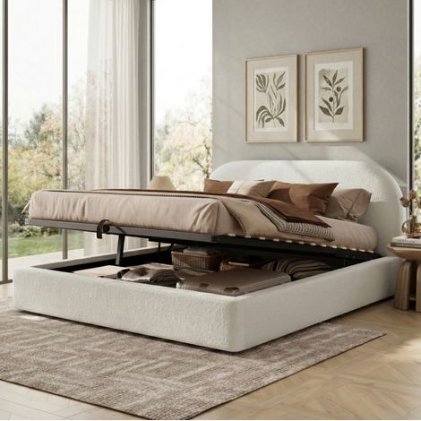 Letto matrimoniale 160x200 cm beige in bouclé con contenitore idraulico (1/5)