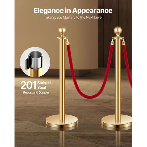 Lot 4 bornes de cordon 201 inox or, barrière gestion foule avec 3 cordes velours rouges 1.5 m, base creuse remplissable sable pour théâtre événement mariage expo (1/5)