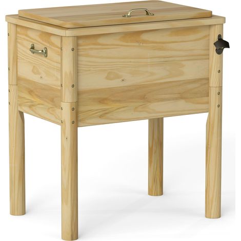 Glacière de Terrasse en Bois, Glacière d'Extérieur 51L avec 3 Poignée et Décapsuleur, Seau à Glace avec Bouchon de Vidange pour Jardin, Marron (1/5)
