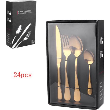 (Ensemble de 24 pièces - doré) Ensemble de couverts en acier inoxydable, style occidental, comprenant un couteau, une fourchette et une cuillère.