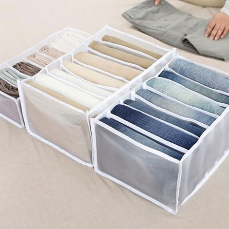 Boîte de rangement de tiroir avec compartiments pour jeans, armoire, tiroir, cloison de séparation en maille, pour jean, blanche, 7 grilles (1/4)