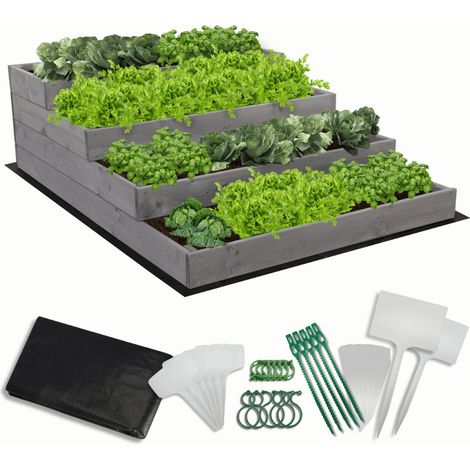 MODO24 Carré potager surélevé en bois, 4 niveaux en cascade, 36x90x120 cm, jardin/terrasse, kit jardinier inclus, gris imprégné