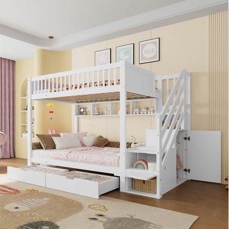 Letto a castello bambini 90x200 cm con 2 cassetti, ripiano, armadio e vano portaoggetti, bianco, senza materasso (1/5)