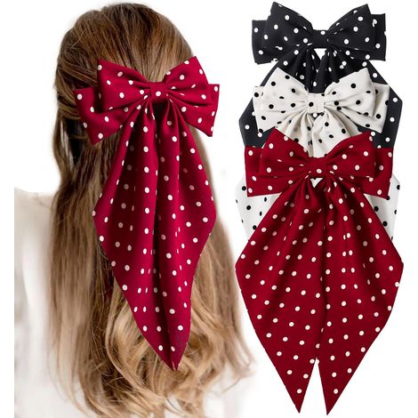 Conjunto de 3 pinzas para el cabello para mujer, pinzas con lazo, cola extralarga, pinzas grandes, bonitas y lindas, pinzas de metal con lazo, estampado de lunares. (1/3)