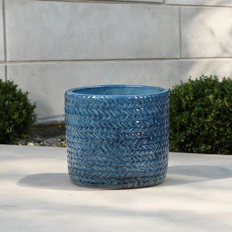 Pot de fleurs en céramique bleu foncé avec motif à chevrons (1/5)