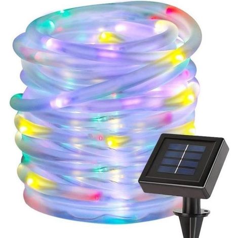 LED-RGB-Lichterkette mit 12 Metern Länge, 100 LEDs, IP55, in den Farben Blau, Grün, Rot, inklusive Solarpanel und Glühbirne.